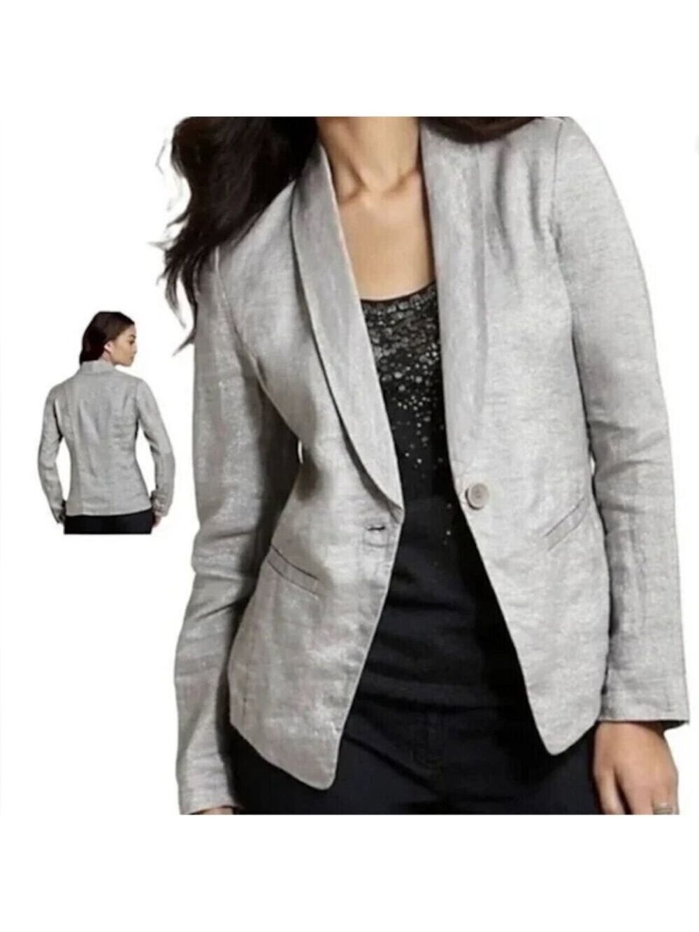 Eileen Fisher Linen Blend Silver Grey Twinkle One Button Jacket Blazer Sz M
